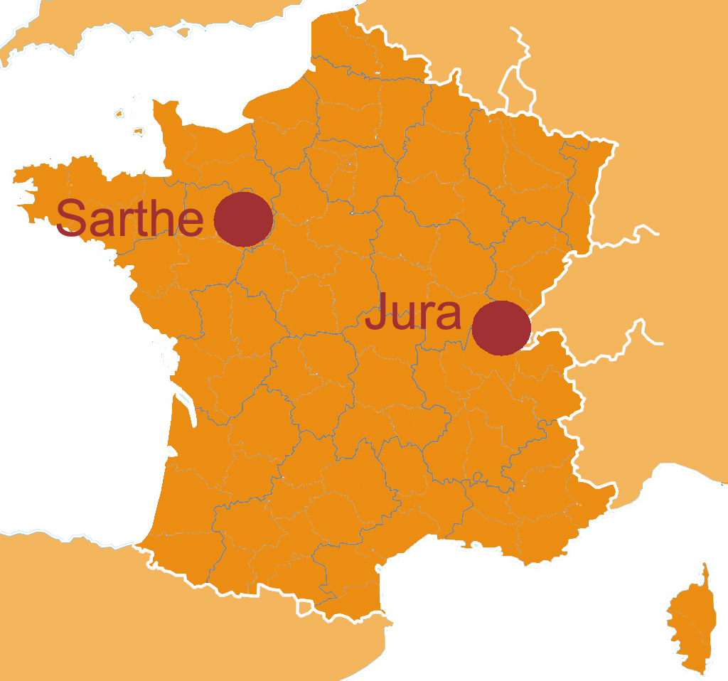Carte de la Sarthe, du Jura et de la Corse pour nos stages d'&eacute;thologie - Randocheval