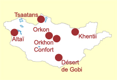 Carte des diff&eacute;rents itin&eacute;raires &eacute;questres en Mongolie - Randocheval