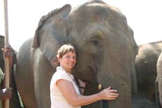 Jenny avec la Maman de l'éléphanteau d'une semaine à l'orphelinat des éléphants du Sri Lanka